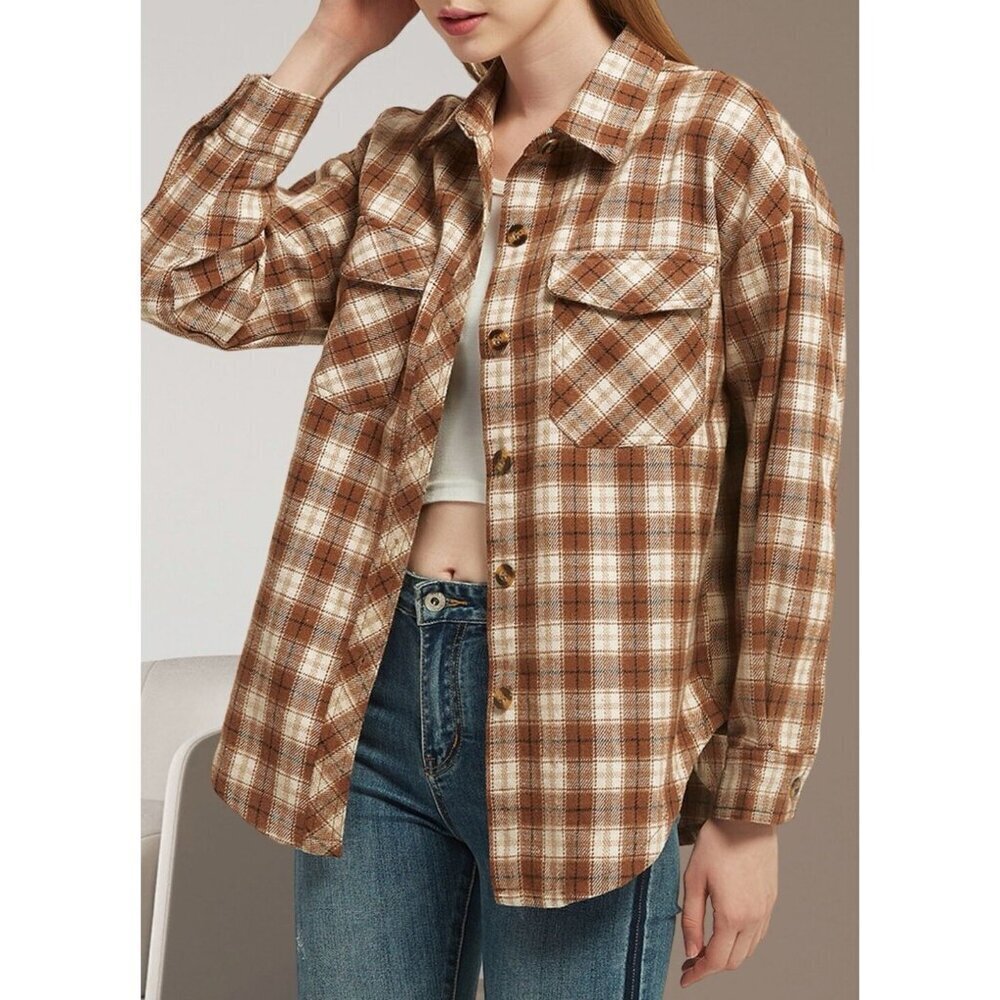 Böhme oversized brown and beige plaid flannel shacket Size Small Brown & White - Picture 1 of 16